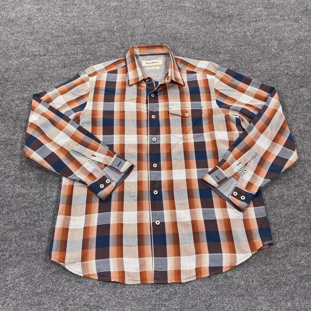 Tommy Bahama Shirt Mens Large Orange Navy Plaid Long Sleeve Button Up Silk Blend